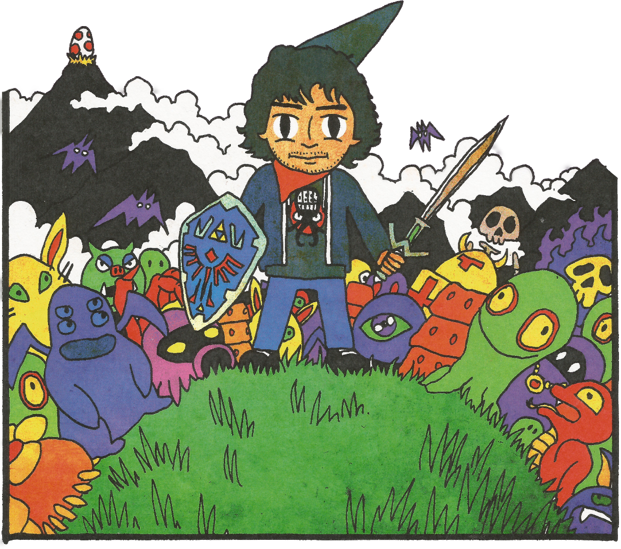 A drawing of Carlos holding a sword and a shield inspired on the videogame Zelda