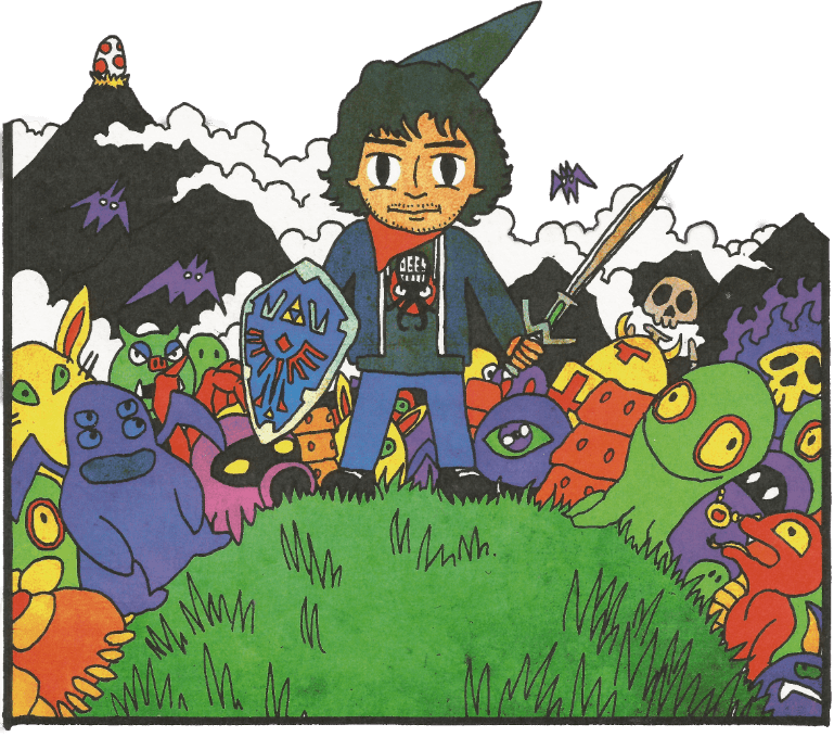A drawing of Carlos holding a sword and a shield inspired on the videogame Zelda